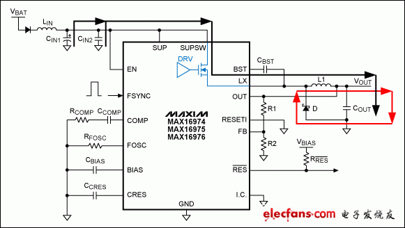 圖2a. HSFET導通(黑色)或續(xù)流二極管導通(紅色)情況下的直流電流路徑