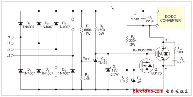 圖1,三相整流器使用了一只開(kāi)關(guān)IGBT和一只電容，將電壓降低到標(biāo)準(zhǔn)離線dc/dc轉(zhuǎn)換器范圍內(nèi)。