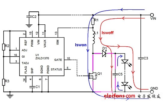 圖5:ZXLD1370升壓LED驅動器的開關電流路徑。