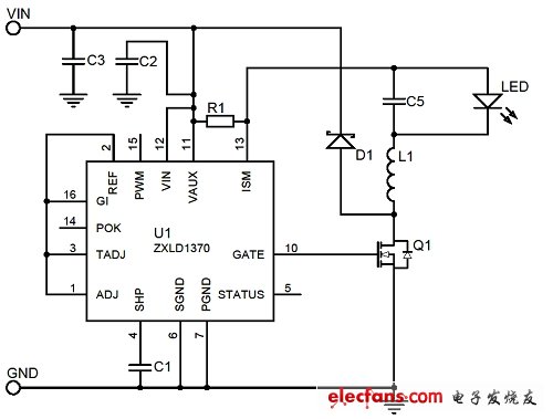 圖1:ZXLD1370降壓LED驅(qū)動器的原理圖。