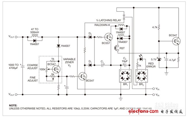 圖1，這個保護電路的核心是雙穩(wěn)鎖存繼電器，防止負載因過壓和錯誤極性而遭損壞。