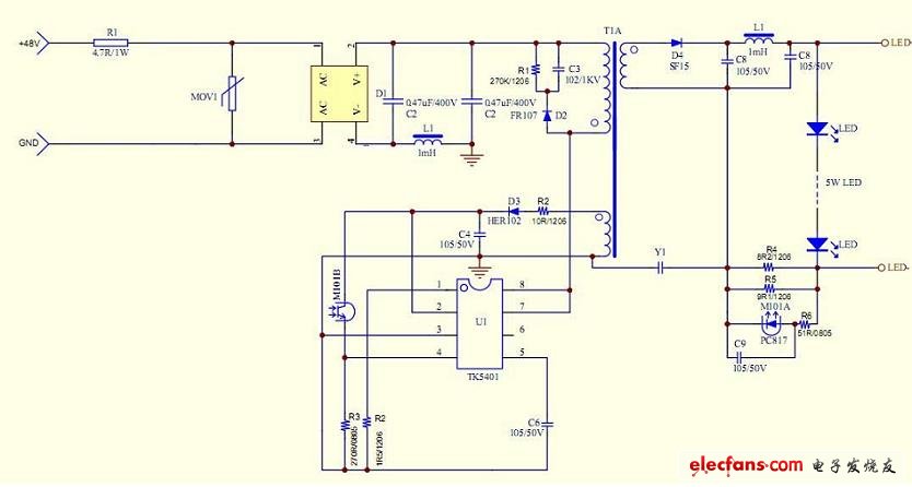 5W的LED驅動電源原理圖