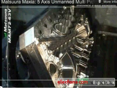 在演示日本松浦的5軸CNC機器工具產(chǎn)品時，其中包括了音樂配樂和真實的機器聲音