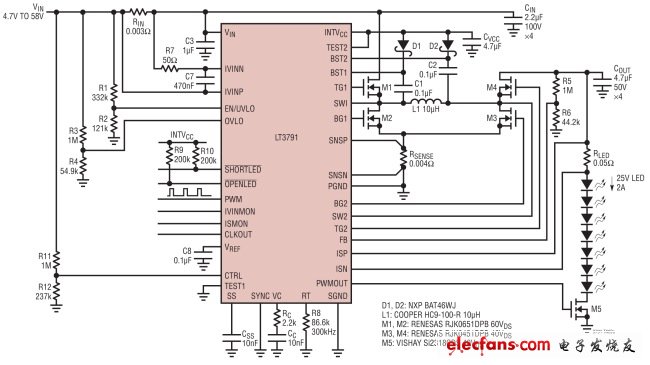 圖 1，效率為98%、功率為50W (25V、2A)的降壓-升壓型LED驅動器具50:1的調光比。