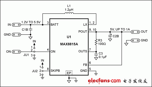 圖2. MAX8815AEVKIT提供所需的5V輸出，無需更改電路