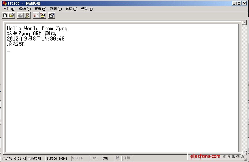 點run，開始下載。等待下載完成，可以看到ZedBoard向超級終端發(fā)來的信息