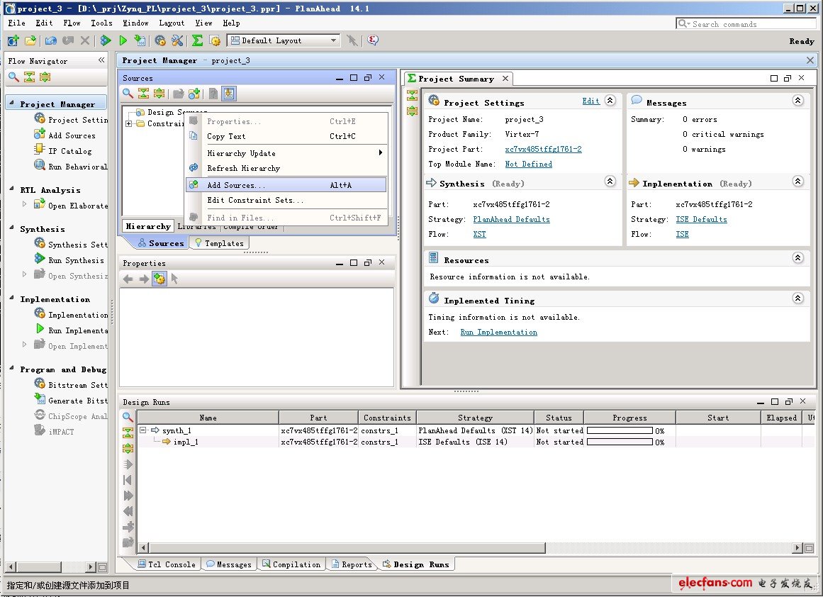 PlanAhead進入工作視圖，在Project Manger中選擇建立的工程，右鍵，Add Sources