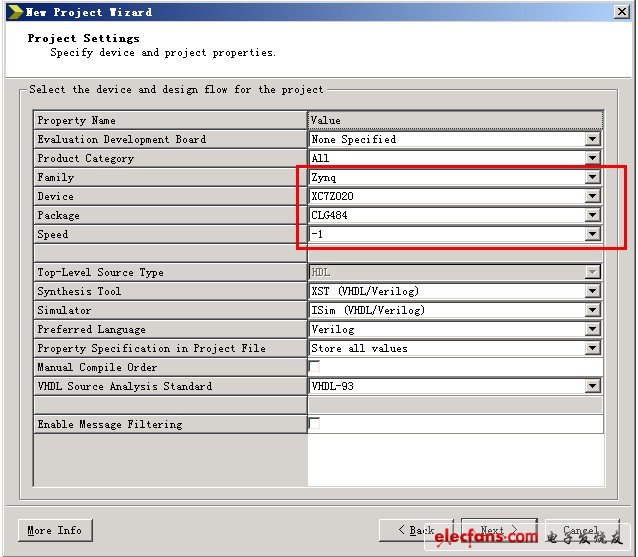 項(xiàng)目設(shè)置中，需要將芯片選為Zynq