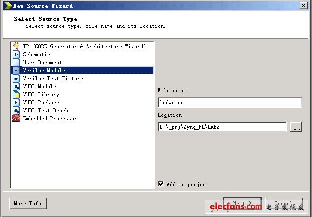 三.選擇文件類型為verilog，名稱就ledwater