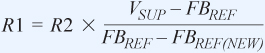 電阻分壓器的必需值可以使用公式1計(jì)算，其中 VSUP是輔助調(diào)節(jié)電壓， FBREF（NEW）是RSENSE兩端的目標(biāo)電壓。