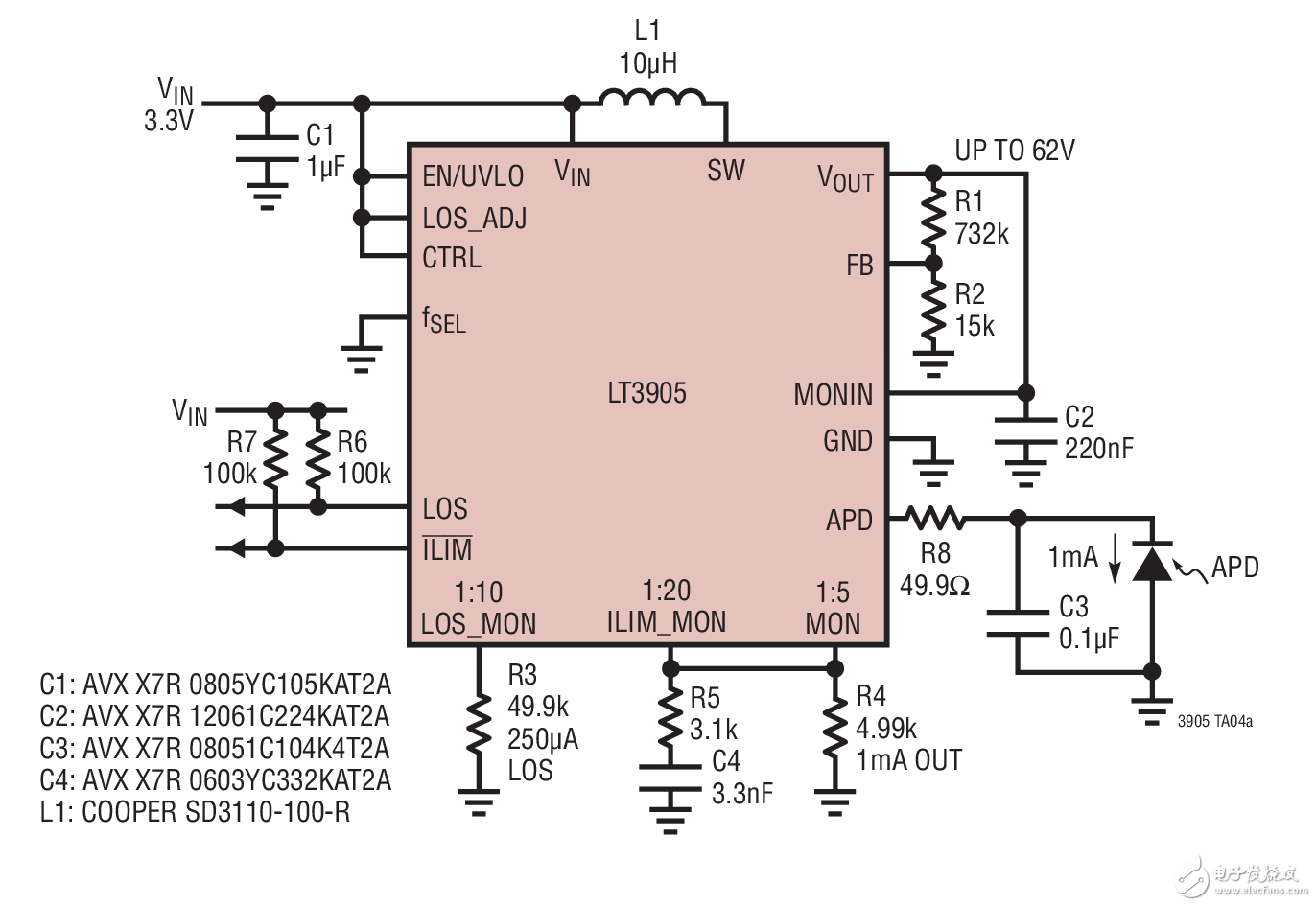 Wide Output Range Constant Current APD Driver寬輸出電壓恒定電流APD驅(qū)動器電路圖