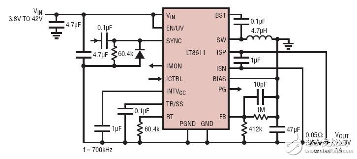 ???3.3V Negative Converter with 1A Output Current Limit具1A輸出電流限值的-3.3V負(fù)轉(zhuǎn)換器電路圖