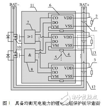 具備均衡充電能力的鋰電池組保護板示意圖