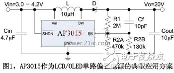 圖1AP3015作為LCD/OLED單路偏置電源的典型應用方案