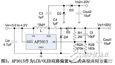 圖3AP3015作為LCD/OLED雙路偏置電源的典型應用方案二