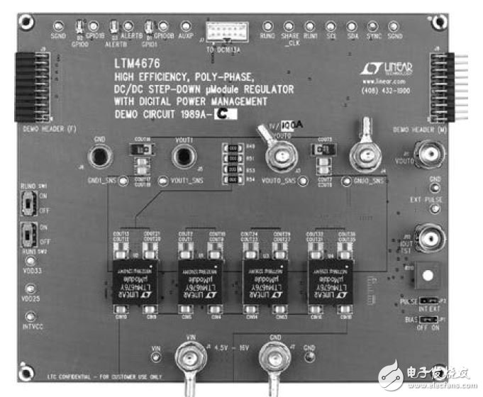 4 個(gè)各采用 16mm x 16mm x 5.01mm LGA 封裝的 LTM4676 在 1VOUT輸送 100A。