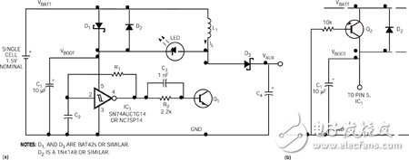  這一電路利用超低電池電壓，可使白色LED產(chǎn)生耀眼的強度 (a)。經(jīng)過一項改進之后，該電路可以使用更低的電池電壓 (b)。 