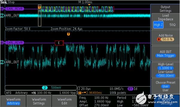 圖5： 捕獲串行接收機(jī)輸出上漏掉的串行數(shù)據(jù)包，表明誤碼。