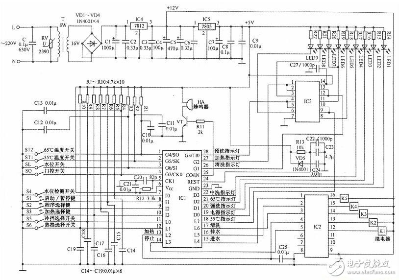 一款采用微處理器控制方式的洗碗機電路設計原理圖
