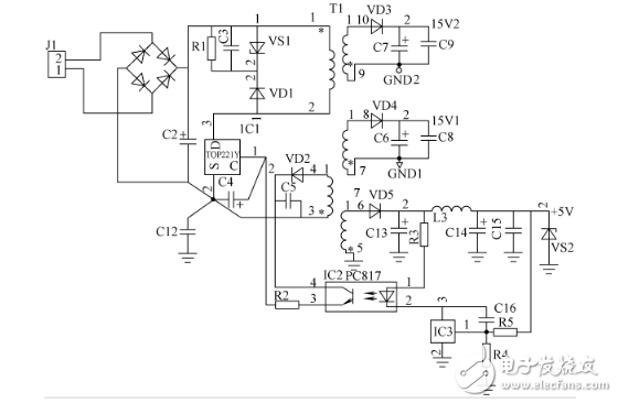 具有兩組15V直流和一組5V開關(guān)電源電路設計圖