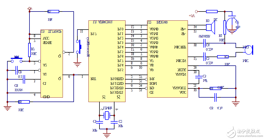 AT89C2051控制語音芯片錄放音系統(tǒng)電路 —電路圖天天讀（108）