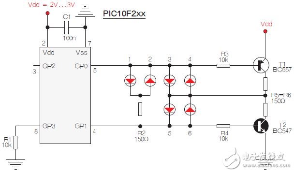 兩個PIC引腳驅(qū)動LED燈應(yīng)用電路設(shè)計圖