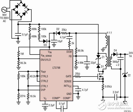 圖 1：具主端輸出電壓檢測(cè)的 LT3798 反激式轉(zhuǎn)換器