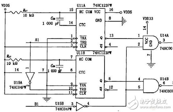 圖2 旋轉(zhuǎn)編碼器采集電路中的一路。
