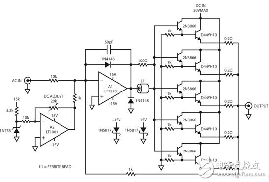 圖 13：驅(qū)動(dòng)器電路板使 AC 和 DC 電壓相加，以在頻率直至 10MHz 時(shí)提供數(shù)安培電流。