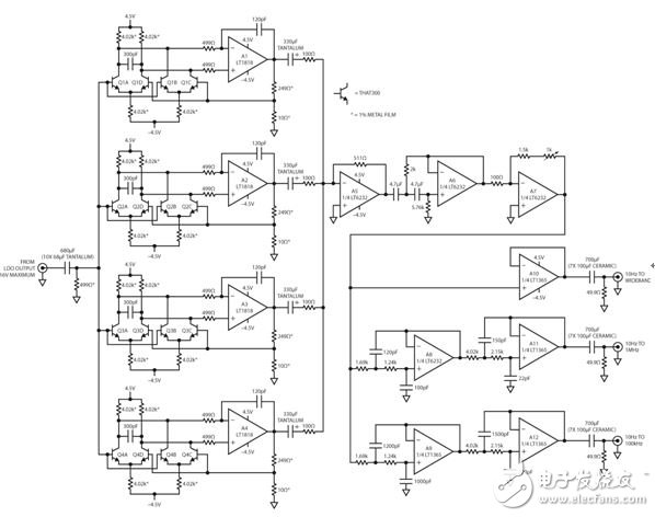 圖 2：圖 1 所示方框圖的實(shí)際電路。并聯(lián)的各級(jí)每個(gè)都配備了低噪聲三極管差分電路，以降低噪聲，同時(shí)提高增益。