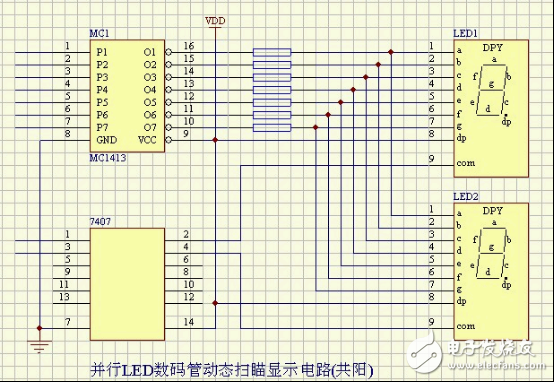 并行LED數(shù)碼管動(dòng)態(tài)掃描顯示電路(共陽(yáng))