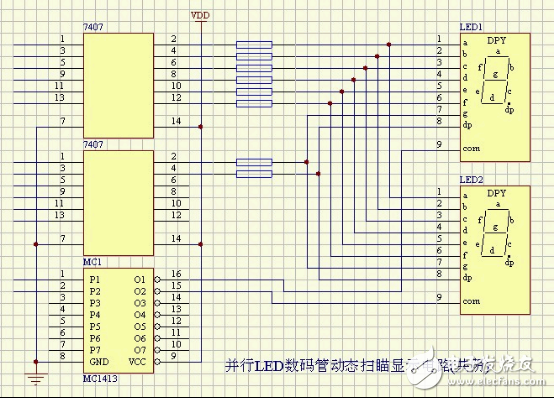 并行LED數(shù)碼管動(dòng)態(tài)掃描顯示電路(共陰)