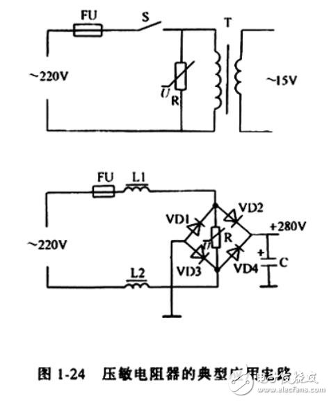 壓敏電阻器的典型應(yīng)用電路。