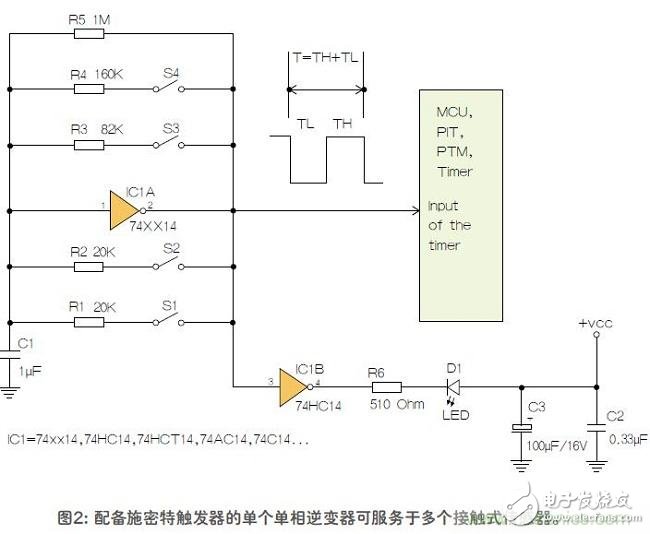 如何用單個(gè)施密特觸發(fā)器測(cè)量?jī)蓚€(gè)電阻式傳感器或多個(gè)開(kāi)關(guān)？