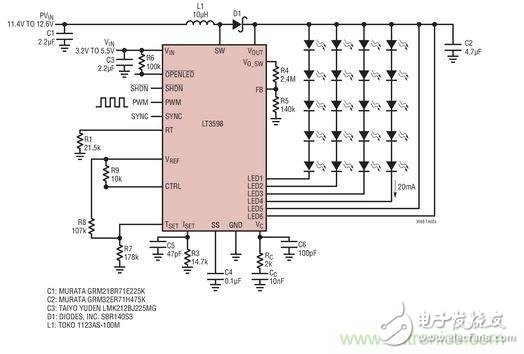 汽車電池供電的驅(qū)動器用于20個(gè) LED