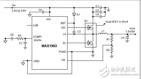 使用max1953 1MHz的PWM降壓控制器設(shè)計(jì)的圖形芯片及相關(guān)電路的電源