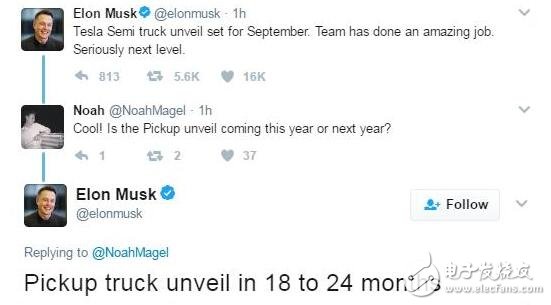 當(dāng)?shù)貢r(shí)間本周四，特斯拉CEO馬斯克（Elon Musk）通過(guò)個(gè)人Twitter賬號(hào)相繼宣布，今年9月特斯拉將發(fā)布半掛式卡車，將在18到24個(gè)月內(nèi)發(fā)布皮卡。這意味著，在今年7月平價(jià)電動(dòng)汽車Modle 3投產(chǎn)兩個(gè)月后，特斯拉家族又會(huì)增加新成員。