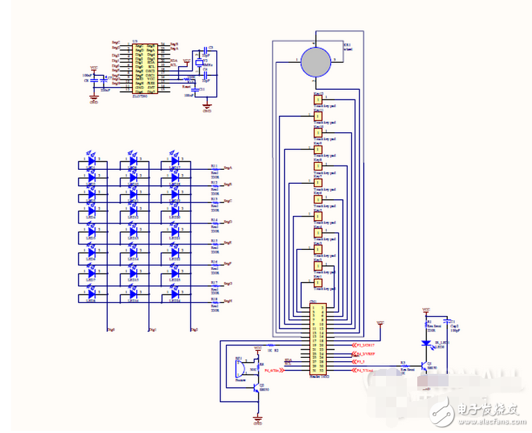 該觸摸按鍵型遙控器基于瑞薩的R8C/33T觸摸按鍵遙控板和觸摸板完成。該觸摸遙控器由4個(gè)通道組成的圓形觸摸滾輪和12個(gè)觸摸按鍵板組成。該觸摸按鍵用于遠(yuǎn)程傳輸信號和LED燈顯示，蜂鳴器輸出信號。因此用戶可以看得見觸摸效果，也可以通過PC設(shè)置參數(shù)。