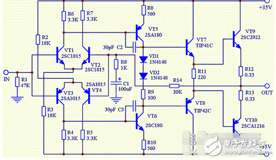 　　最近閑著沒事，本著功放發(fā)燒友的動(dòng)力制作一臺(tái)迷你功放。雖說迷你，但其實(shí)并不小巧，5口交換機(jī)也不大，再加上交換機(jī)也是壞的就干脆利用上了！功放還是采用了雙差分電路。本人從事電子行業(yè)的這些年發(fā)現(xiàn)，很多家庭影院或者大型娛樂會(huì)所用的功放幾乎都是這種電路，也許是因?yàn)檫@種電路工作穩(wěn)定。放大失真低的原因。。。我從網(wǎng)上找到的電路，記得之前我也用這個(gè)圖紙做過，后來怎么解決的忘了！