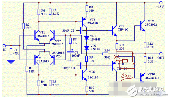 　　最近閑著沒事，本著功放發(fā)燒友的動(dòng)力制作一臺(tái)迷你功放。雖說迷你，但其實(shí)并不小巧，5口交換機(jī)也不大，再加上交換機(jī)也是壞的就干脆利用上了！功放還是采用了雙差分電路。本人從事電子行業(yè)的這些年發(fā)現(xiàn)，很多家庭影院或者大型娛樂會(huì)所用的功放幾乎都是這種電路，也許是因?yàn)檫@種電路工作穩(wěn)定。放大失真低的原因。。。我從網(wǎng)上找到的電路，記得之前我也用這個(gè)圖紙做過，后來怎么解決的忘了！