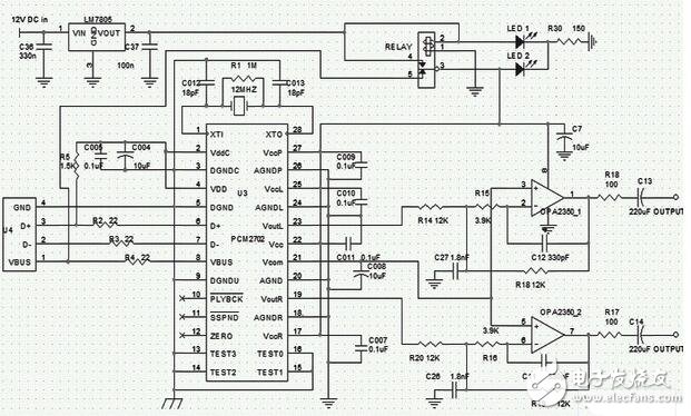 使用PCM2702解碼芯片的USB聲卡電路圖，USB聲卡電路創(chuàng)新設計(D/A轉換芯片_PCM2702)