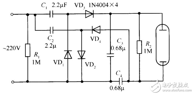 正半周時(shí)，D1導(dǎo)通，D2截止，電容器C1充電到Vm，其電流路徑及電容C1的極性如上圖（a）所示。