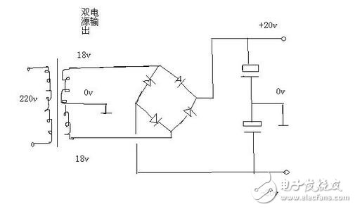 不用兩個(gè)整流橋。用一個(gè)即可，把2個(gè)18伏交流接到整流橋的交流輸入端，把變壓器抽頭0伏接地線（線路板的地線），整流橋直流輸出+ -端接電容器濾波，電容器2個(gè)串聯(lián)之后正極接整流橋正極+，電容器負(fù)極接整流橋負(fù)極-，2個(gè)串聯(lián)的電容器中間引出一根線接地線，也就是雙18伏交流的抽頭。這樣就可以在直流輸出端得到正負(fù)20伏的雙電源了。