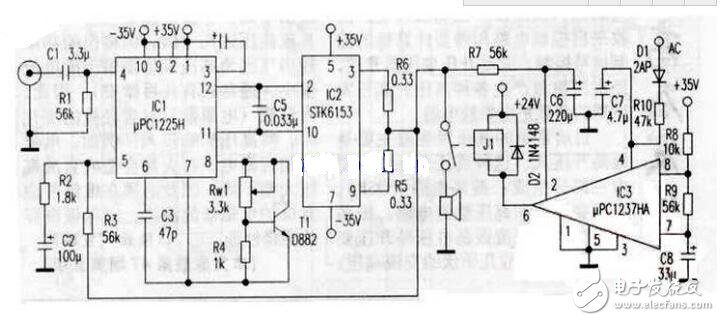 uPC1225H是NEC推出的50W音響驅(qū)動(dòng)電路，芯片內(nèi)部設(shè)置有完善的保護(hù)環(huán)節(jié)，外圍電路雖然略微復(fù)雜了一些，但uPC1225H的輸出電壓偏差只有±5mV，極寬的功率頻帶與極高的轉(zhuǎn)換速率使之比LM3886等集成功放的音色溫暖，柔和且更加耐聽。