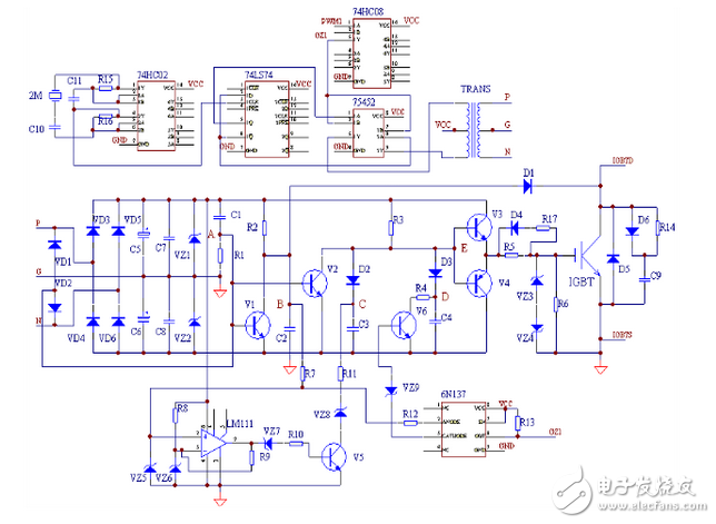 對于過壓保護采取的措施為：門極和發(fā)射極之間并聯(lián)反向串聯(lián)的穩(wěn)壓二極管Vz3和Vz4；門極和發(fā)射極之間加門極發(fā)射極電阻R6；加阻容吸收電路，由D6、R14和C9組成。