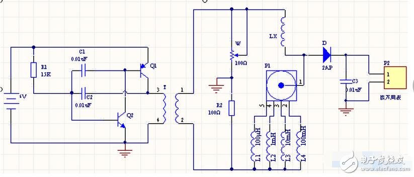 測(cè)量的準(zhǔn)確性由標(biāo)準(zhǔn)電感（L）決定，標(biāo)準(zhǔn)電感選用色碼電感。變壓器（T）選用收音機(jī)的輸出變壓器，T3~4為輸出變壓器的次級(jí)，T1~2為輸出變壓器初級(jí)的一組，W選用線性電位器。P1為一刀四位開(kāi)關(guān)。