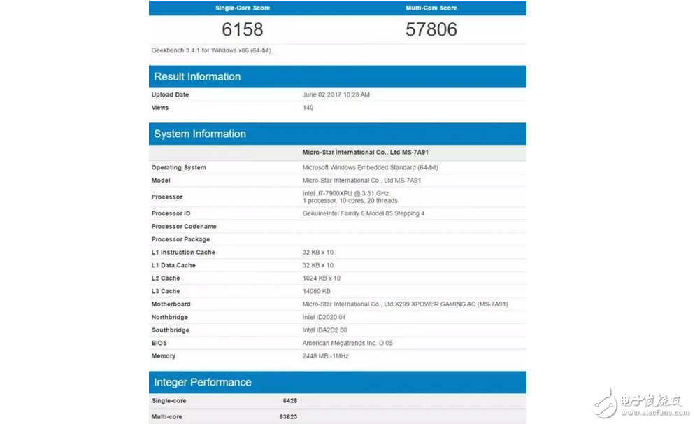 英特爾Skylake X處理器現(xiàn)身跑分庫：對比AMD Ryzen處理器結(jié)果有點