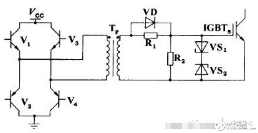 脈沖變壓器驅(qū)動電路如圖所示，V1～V4組成脈沖變壓器一次側(cè)驅(qū)動電路，通過控制V1、V4和V2、V3的輪流導(dǎo)通，將驅(qū)動脈沖加至變壓器的一次側(cè)，二次側(cè)通過電阻R1與IGBT5柵極相連，R1、R2防止IGBT5柵極開路并提供充放電回路，R1上并聯(lián)的二極管為加速二極管，用以提高IGBT5的開關(guān)速度，穩(wěn)壓二極管VS1、VS2的作用是限制加在IGBT5g-e端的電壓，避免過高的柵射電壓擊穿柵極。柵射電壓一般不應(yīng)超過20 V。