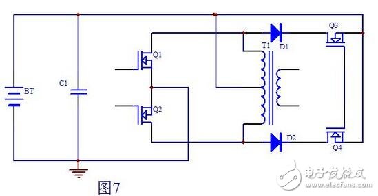 上面我們已經(jīng)分析了Q1，Q2兩管漏極產(chǎn)生尖峰的原因，下面我們就來想辦法消除這個(gè)尖峰了。我想到的辦法就是Q1，Q2的漏極到電池的正極加一個(gè)開關(guān)，當(dāng)然這個(gè)開關(guān)也由MOS管來充當(dāng)，當(dāng)然其它功率管也行。這個(gè)開關(guān)只在Q1，Q2都截止時(shí)才導(dǎo)通，用電路實(shí)現(xiàn)如圖7所示：