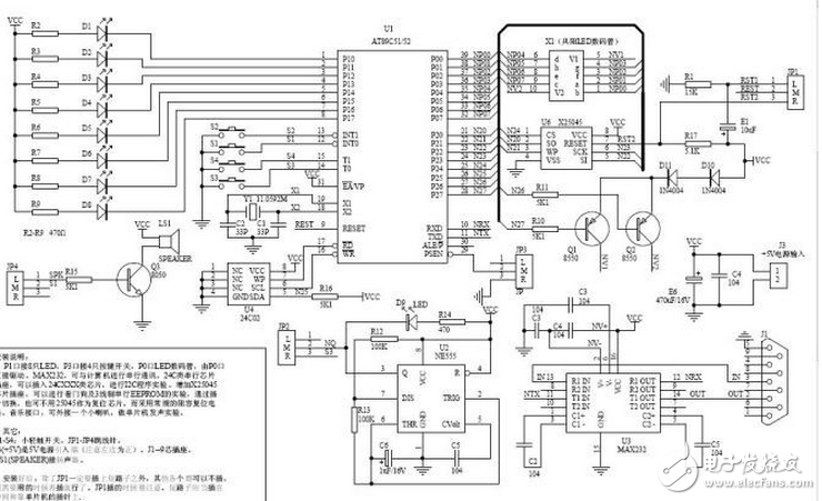 P1口仍接8只LED，P3口仍接4只按鍵開關(guān)，P0口和P2口仍接2只LED數(shù)碼管，但改為由P0口直接驅(qū)動。與原板完全兼容。新增：MAX232，可與計算機進行串行通訊，將來會考慮加入MON51支持。24C類串行芯片插座，可以插入24CXXX類芯片，進行I2C程序?qū)嶒?。增加X25045芯片插座，可以進行看門狗及3線制串行EEPROM的實驗，通過插針切換，也可不用25045作為復(fù)位芯片，而采用常規(guī)的阻容復(fù)位電路。音樂接口，可外接一個小喇叭，做單片機發(fā)聲實驗。版主打算就用這塊板替代原實驗板，并用它為藍本編一些C語言講座。